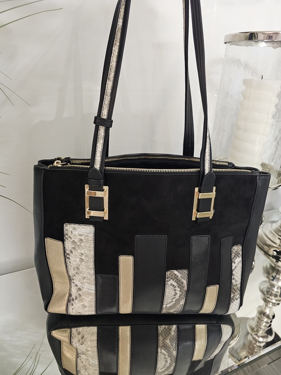 Joanel Handbags - Black Shoulder Tote with Gold & Snakeskin Accent